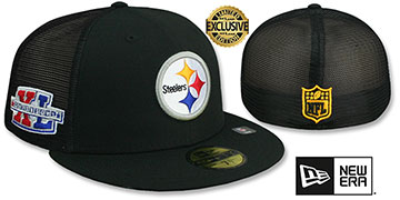 Steelers SB XL 'MESH-BACK SIDE-PATCH' Black-Black Fitted Hat by New Era